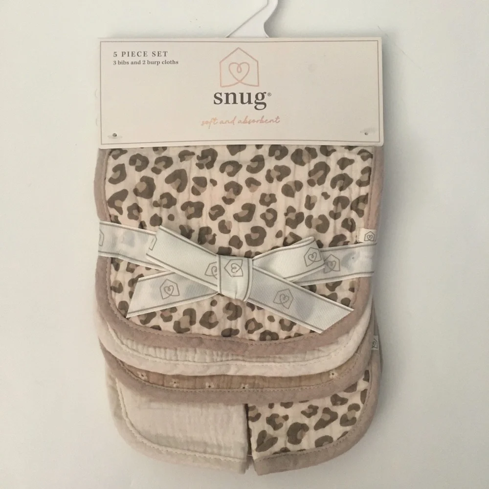 Snug 5-Piece Baby Bib & Burp Cloth Set - Leopard Print Cotton NEW